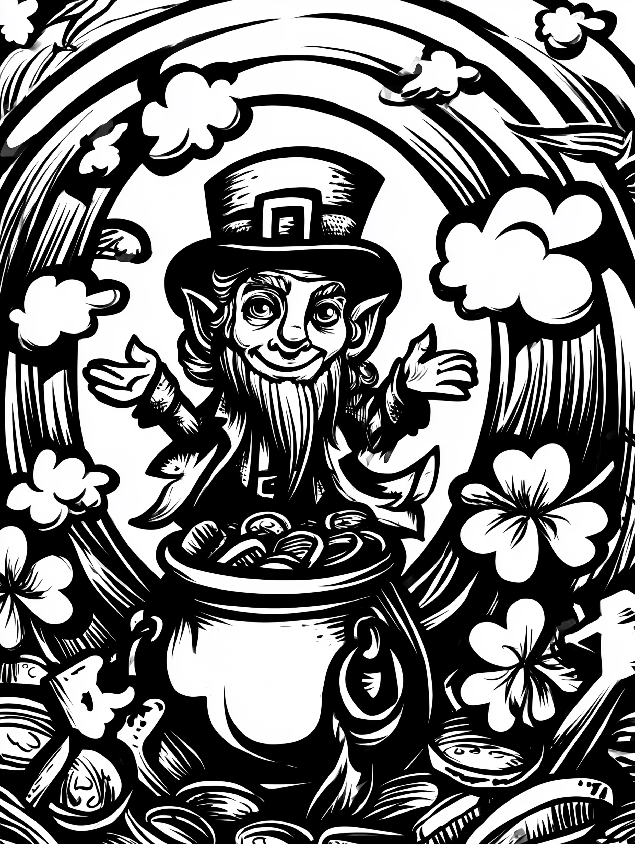 Free printable St Patricks Day coloring page for adults featuring a rainbow themed holiday design